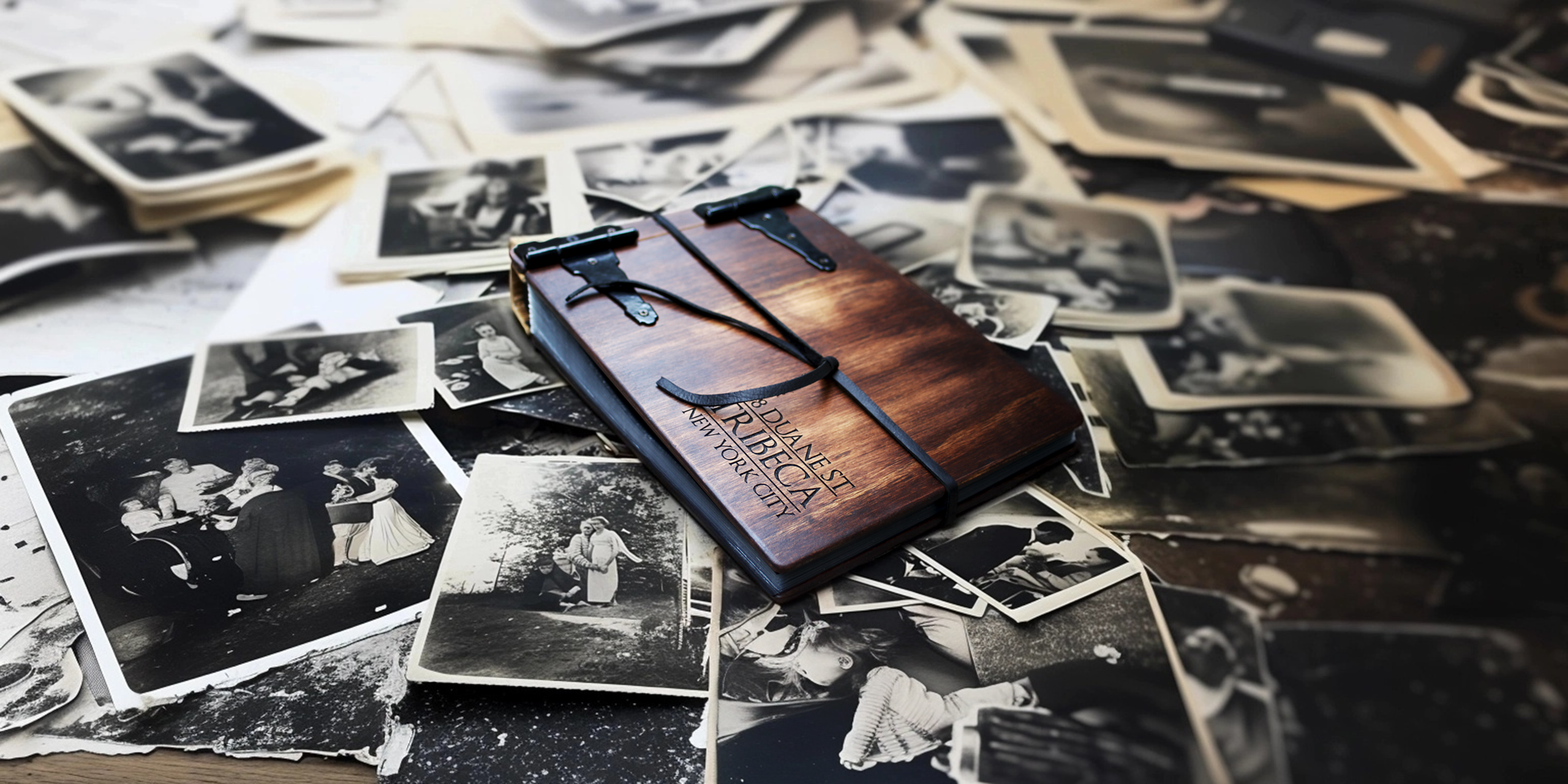 Rustic Engravings wedding guest book surrounded by vintage photos, perfect for preserving memories in style.