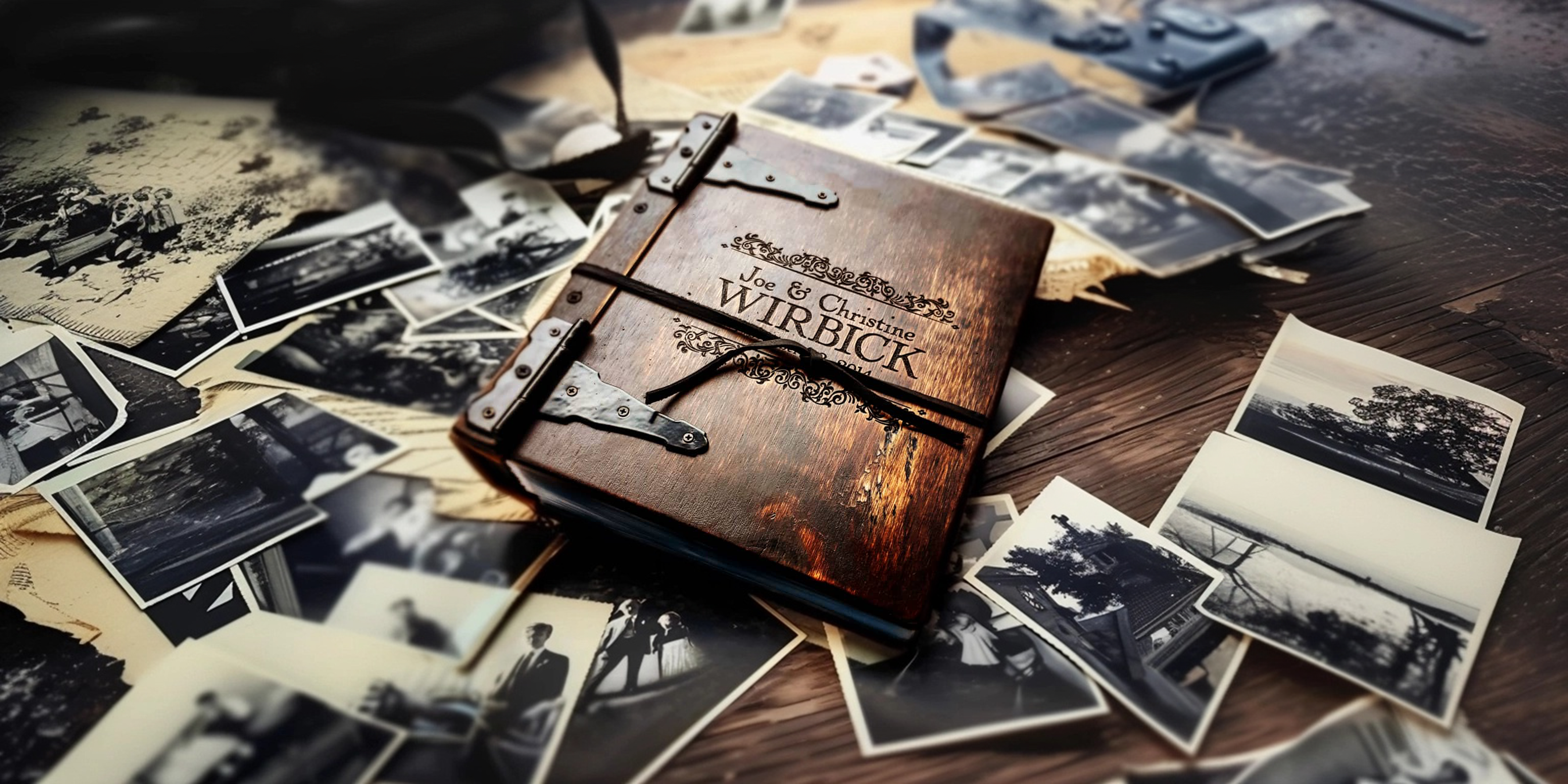 Rustic Engravings personalized photo album surrounded by vintage photos, perfect for preserving memories.