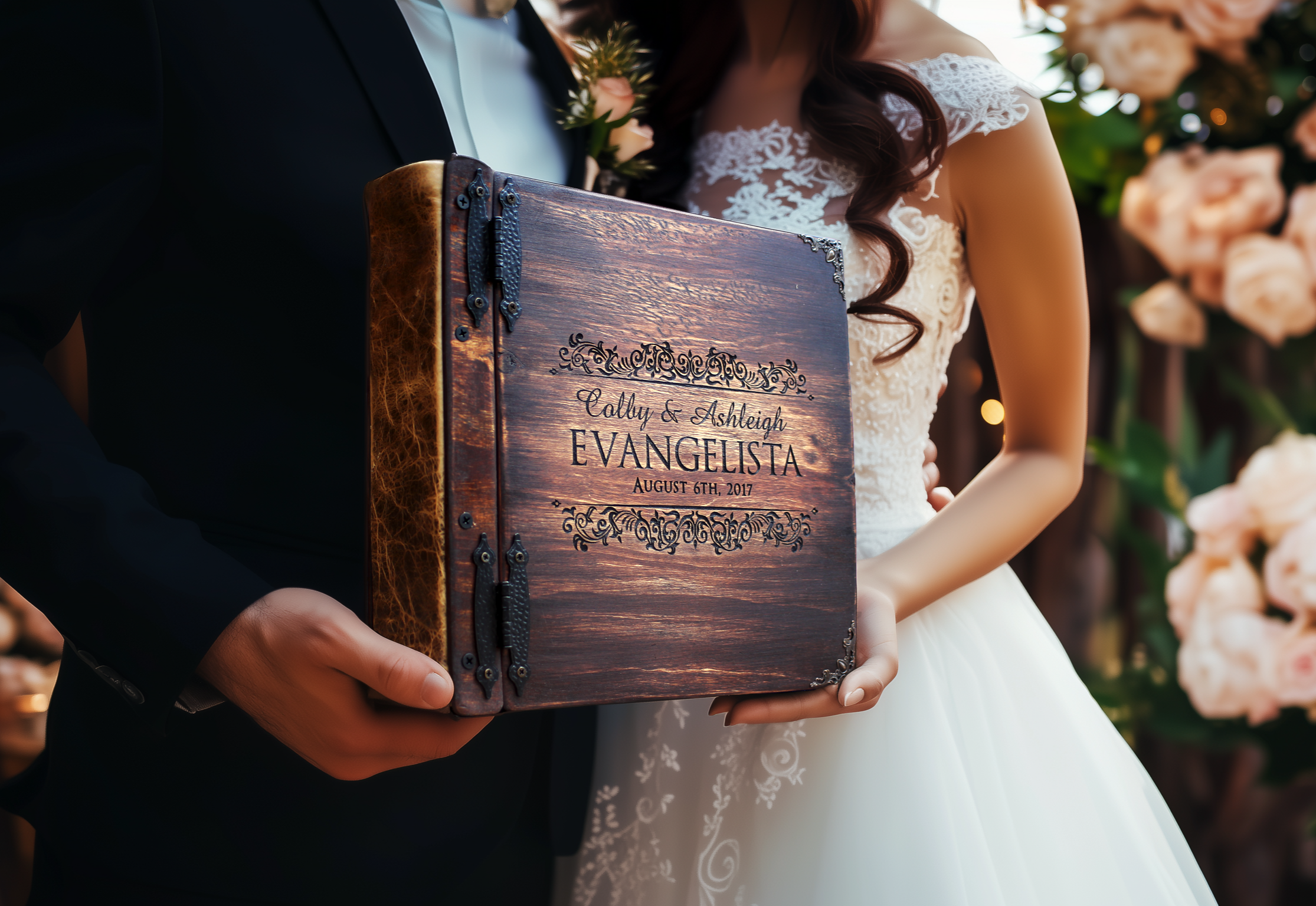 Fifth Anniversary Gift | Thoughtful 5 year wedding anniversary present - Real wood anniversary photo book personalized with names, romantic message, and linen binding for lasting elegance
