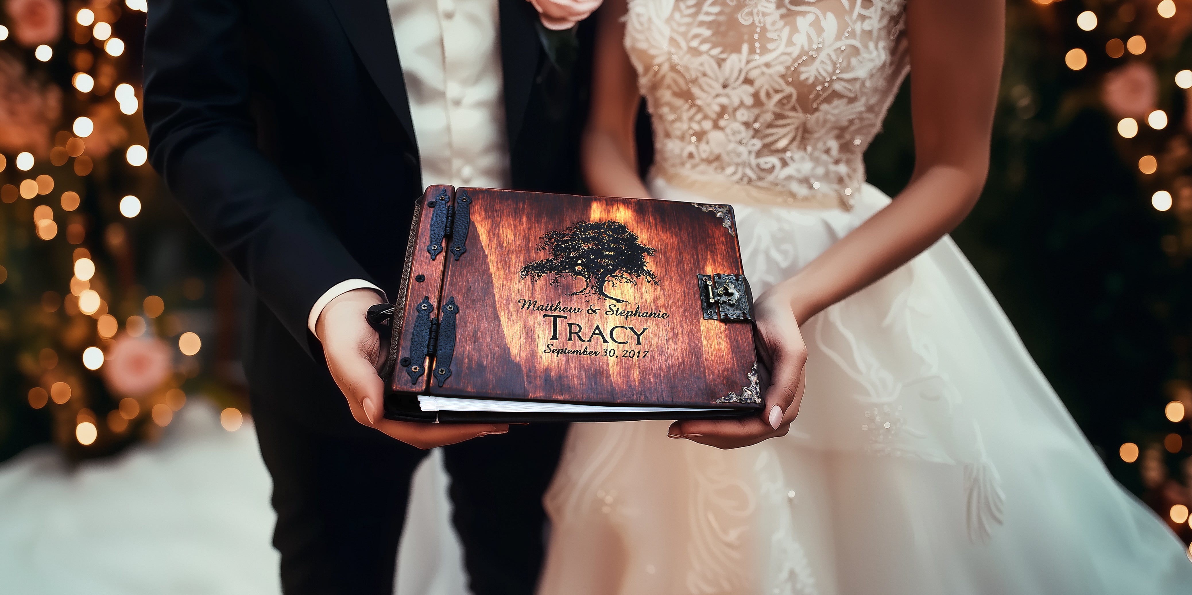 Custom engraved photo album by Rustic Engravings, perfect for weddings and special occasions. Quality craftsmanship assured.