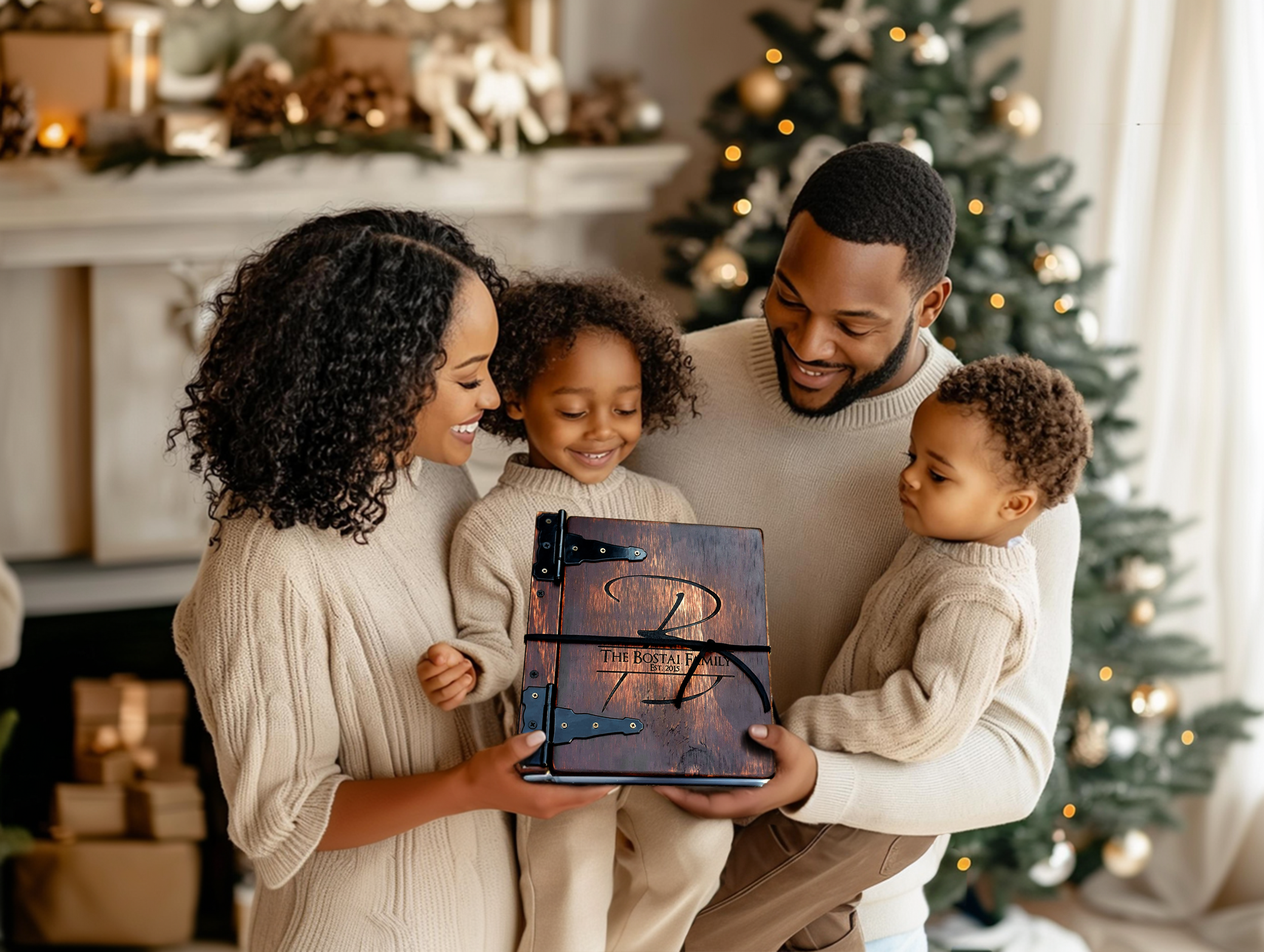 Family joyfully presenting a Rustic Engravings Baby Book by the Christmas tree, perfect for cherished memories.