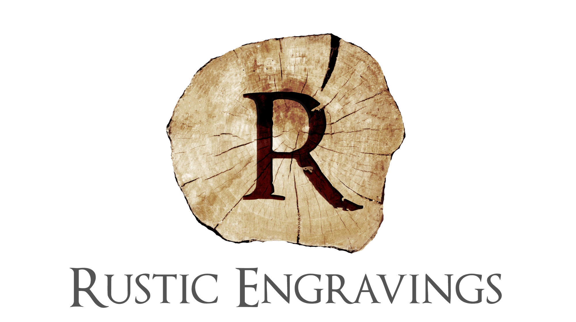 Rustic Engravings Logo. Logo of Rustic Engravings featuring a tree slice with an elegant 'R' design.