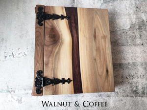 Elegant wedding guest book with a river table wood and epoxy cover designed by Tylir Wisdom at Rustic Engravings.