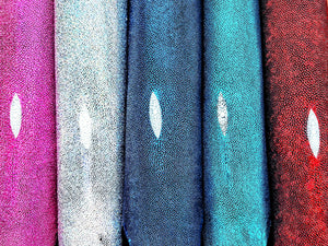  Close-up of all available metallic stingray leather colors, showcasing a spectrum of luxurious options.