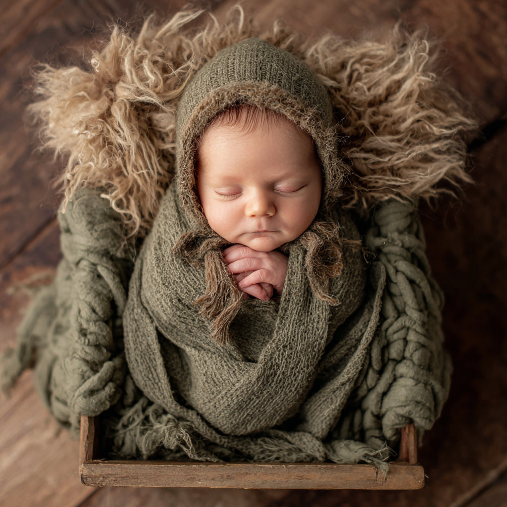 Sweet sleeping newborn wrapped in cozy olive green blanket, resting in rustic wooden crate, showcasing tranquility.