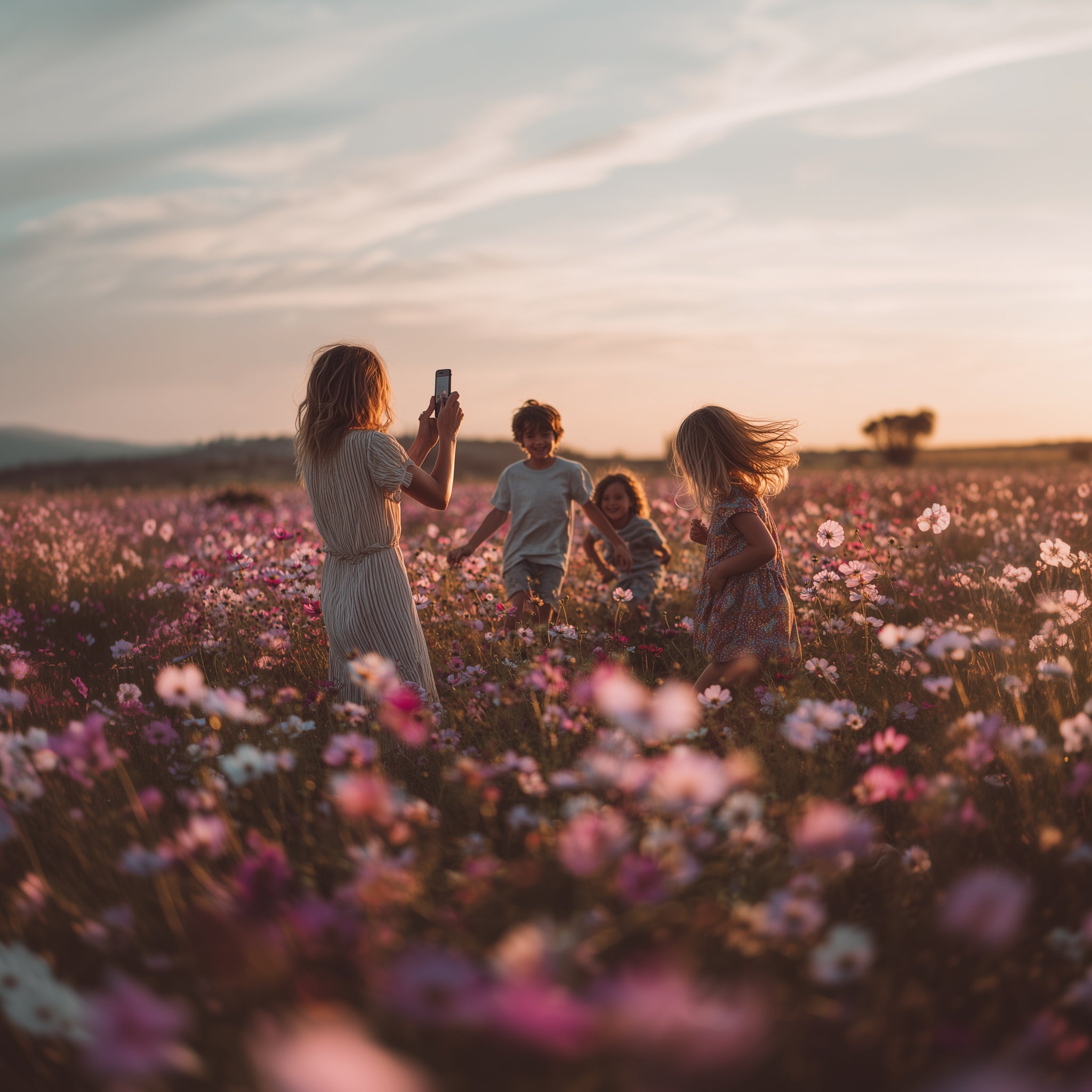 Family capturing a joyful moment in a flower field, perfect for custom engraved photo albums from Rustic Engravings.