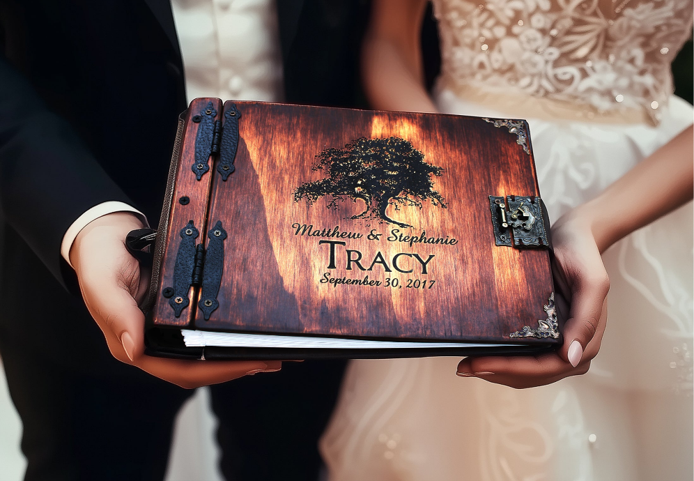 Fifth Anniversary Gift | Custom wood photo album for 5-year milestone with engraved names, wedding date, and heartfelt keepsake design