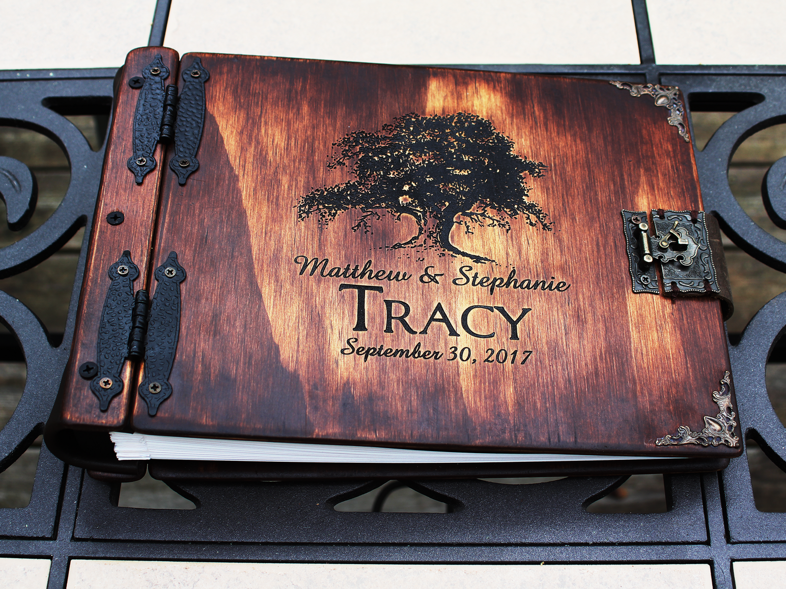 Fifth Anniversary Gift | Custom wood photo album for 5-year milestone with engraved names, wedding date, and heartfelt keepsake design