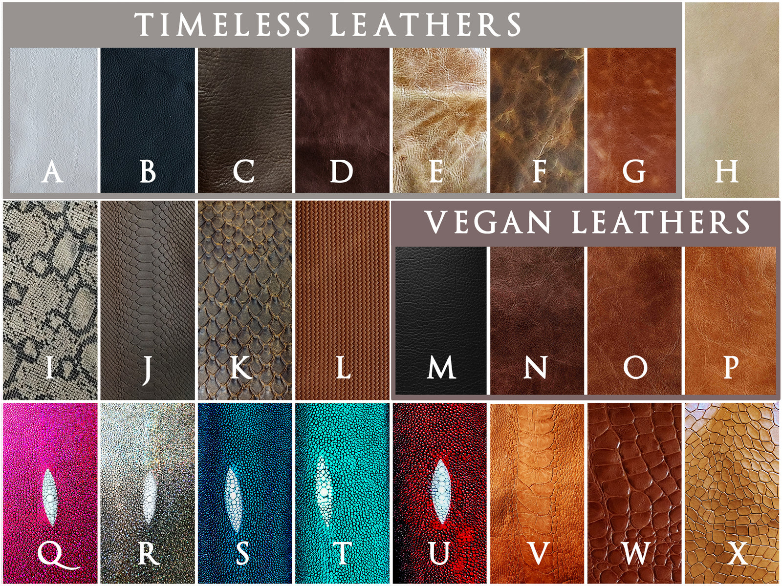  Detailed view of metallic stingray hide in all available colors, providing a comprehensive look at the luxurious options.