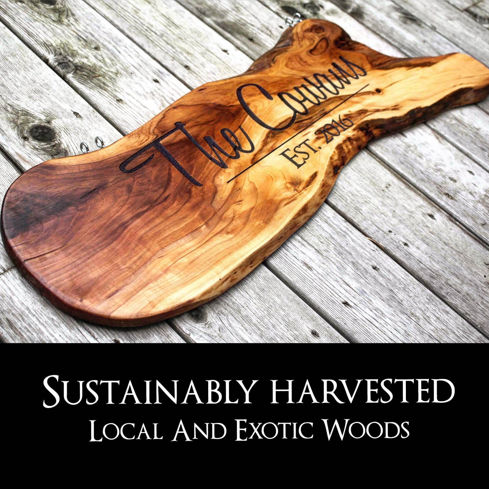 Handcrafted wooden sign with 'The Cabin' etched, highlighting sustainably harvested local and exotic woods.