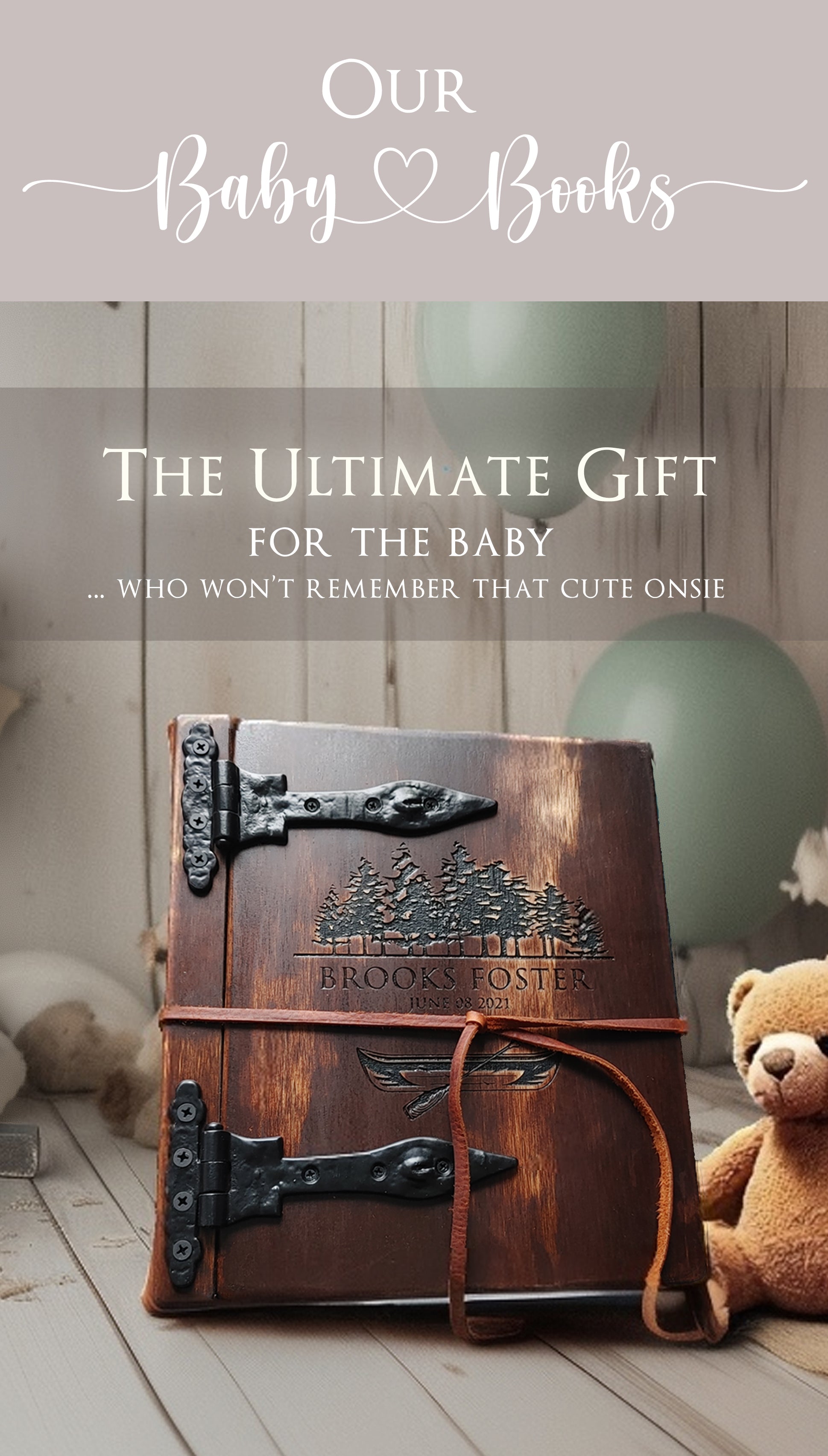 Custom engraved baby photo album from Rustic Engravings, the perfect gift for preserving precious memories.