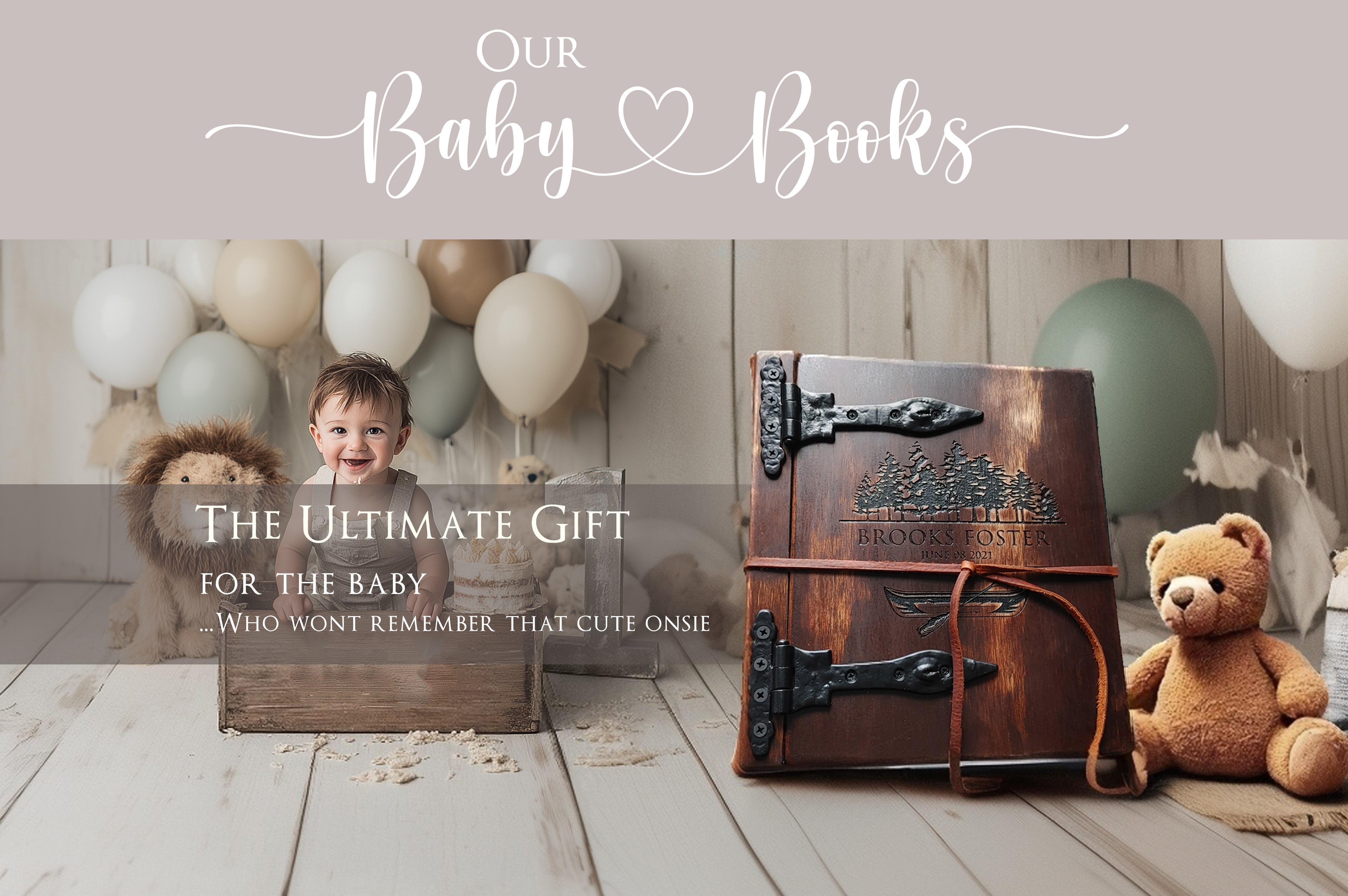Custom engraved photo album by Rustic Engravings, perfect for capturing precious baby memories.