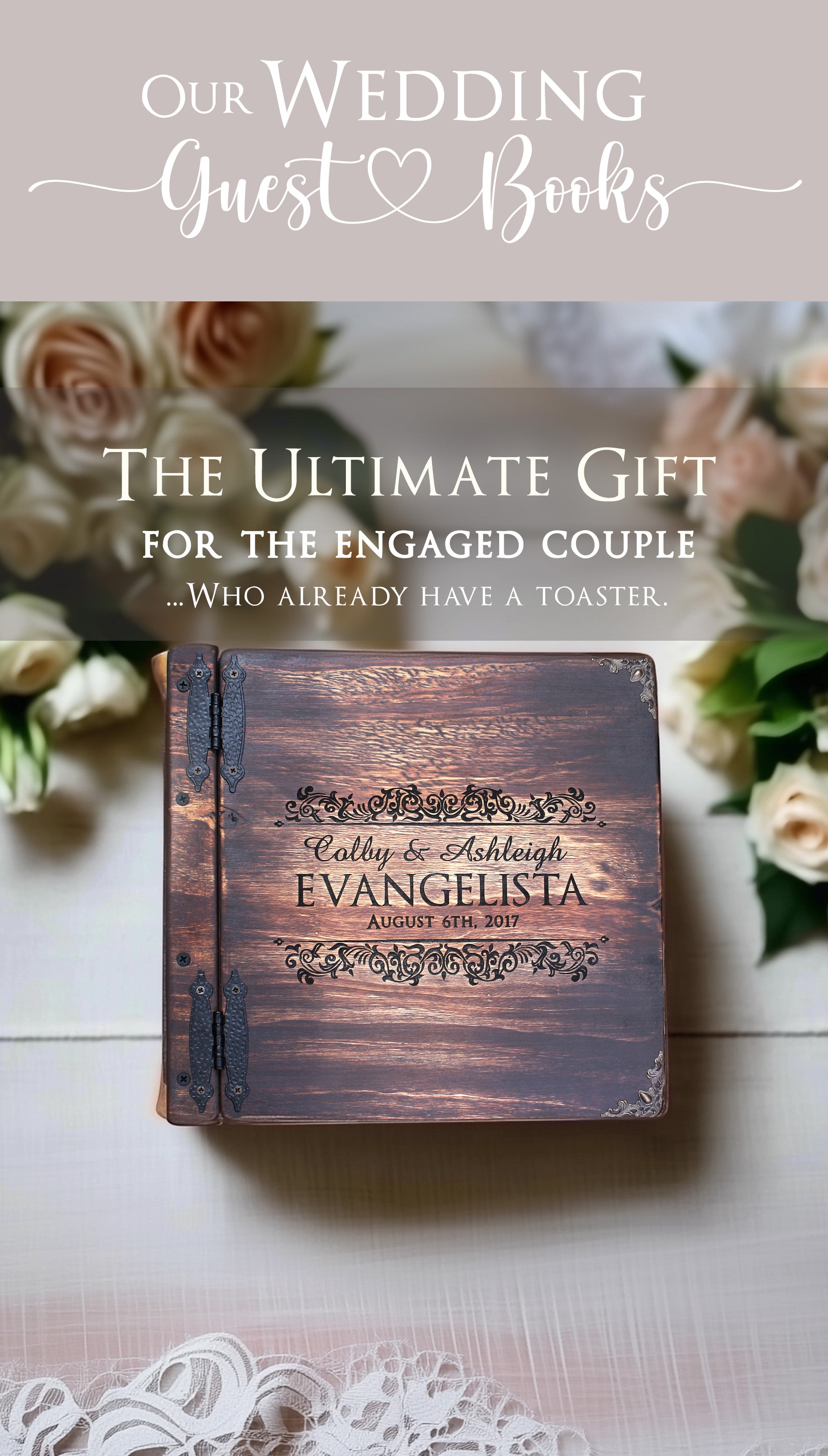 Custom engraved wedding guest book by Rustic Engravings, perfect gift for engaged couples, elegant design.
