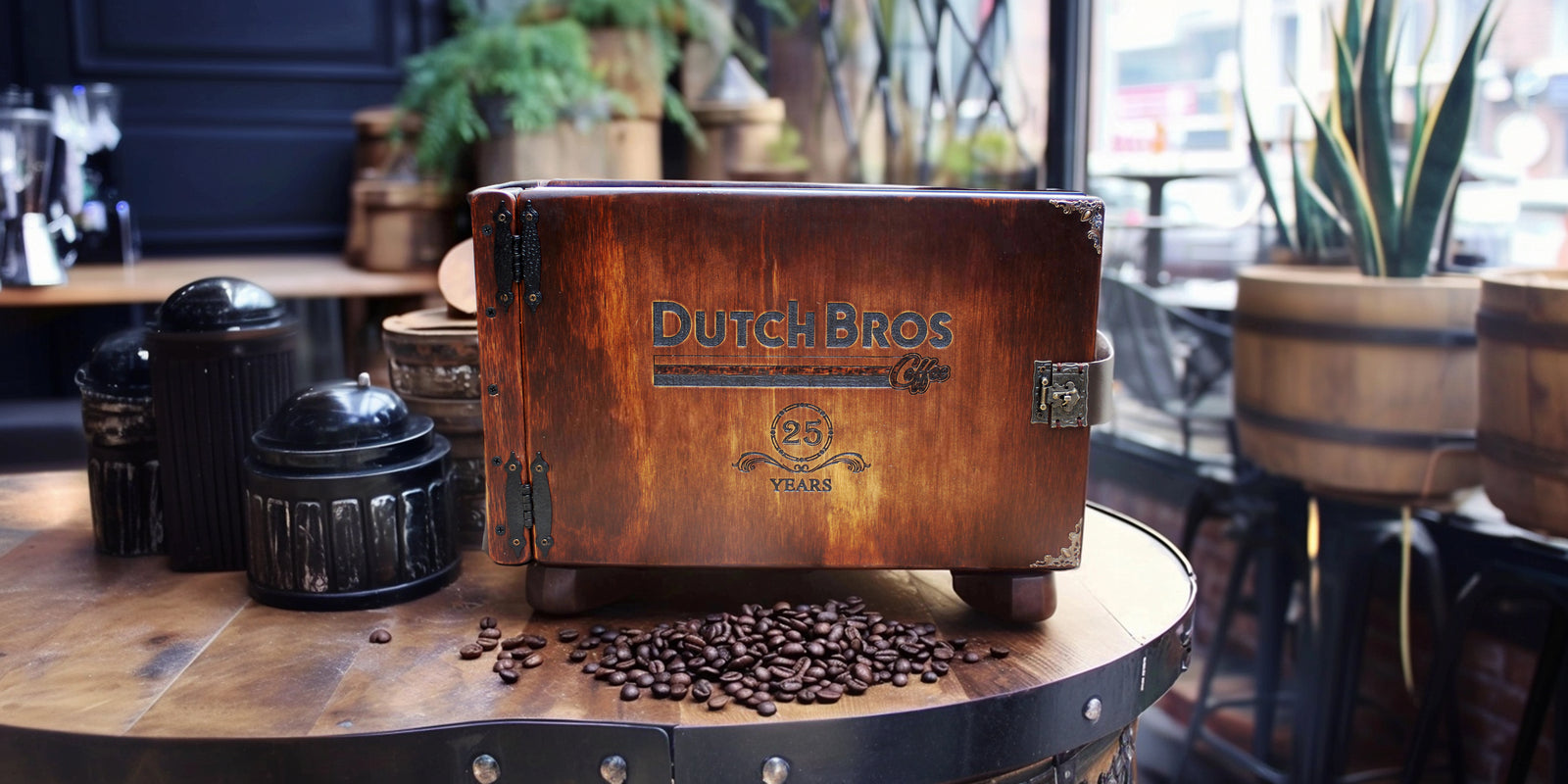 Rustic Engravings wooden coffee storage box for Dutch Bros, perfect for home and café coffee lovers.