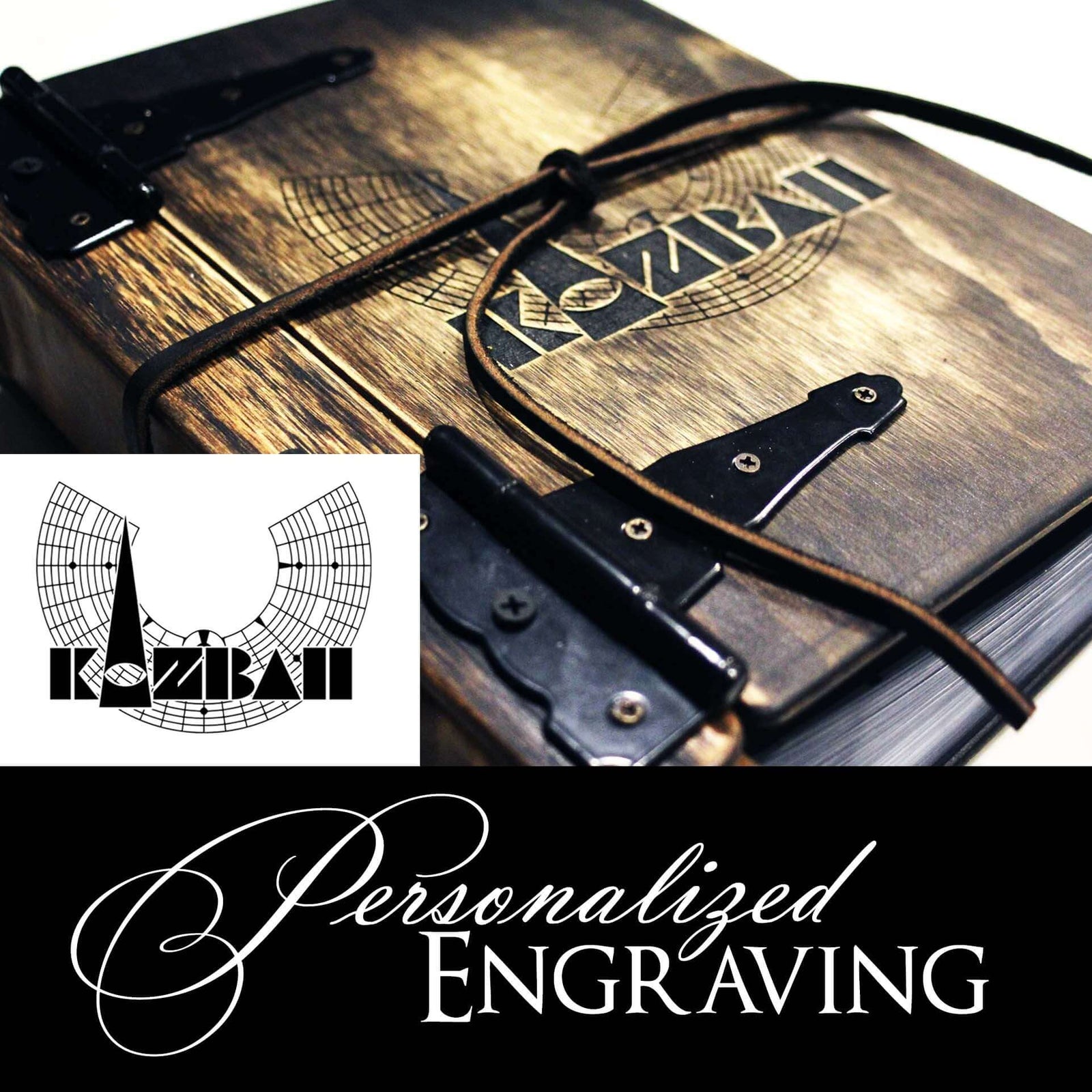 Personalized engraved wooden book with unique design and logo, showcasing artisanal craftsmanship.