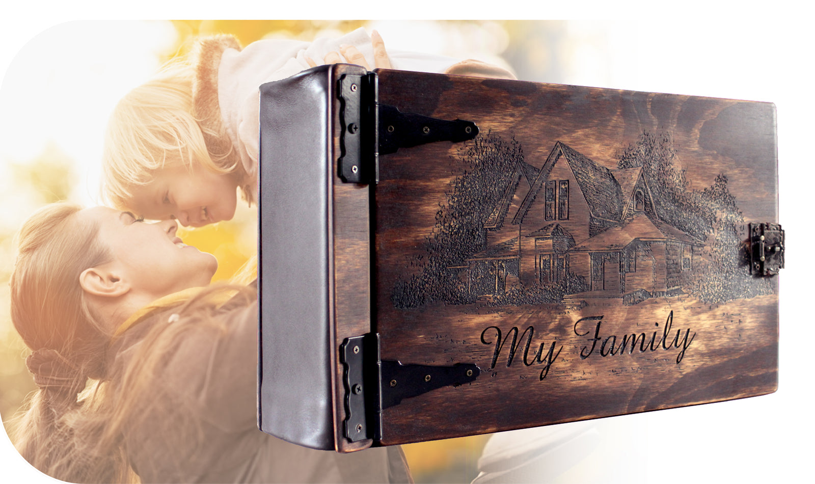 Engraved wooden family photo album with house design, symbolizing cherished family memories.