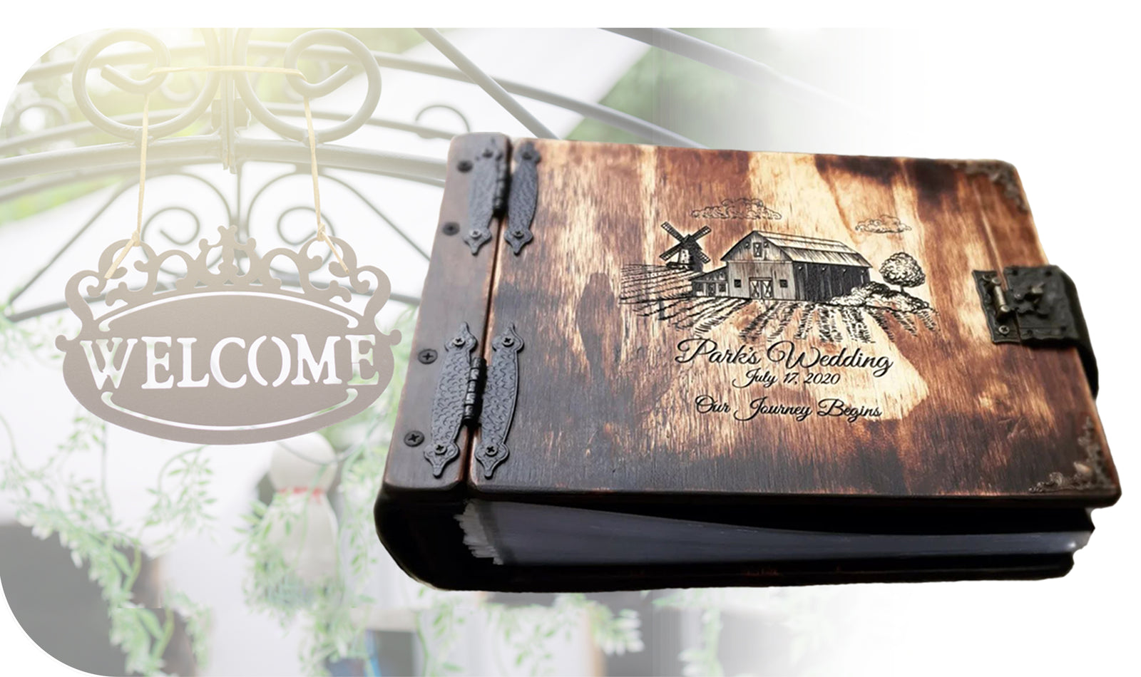 Rustic Engravings Wedding Guest Book, a beautiful keepsake for capturing cherished memories on your special day.