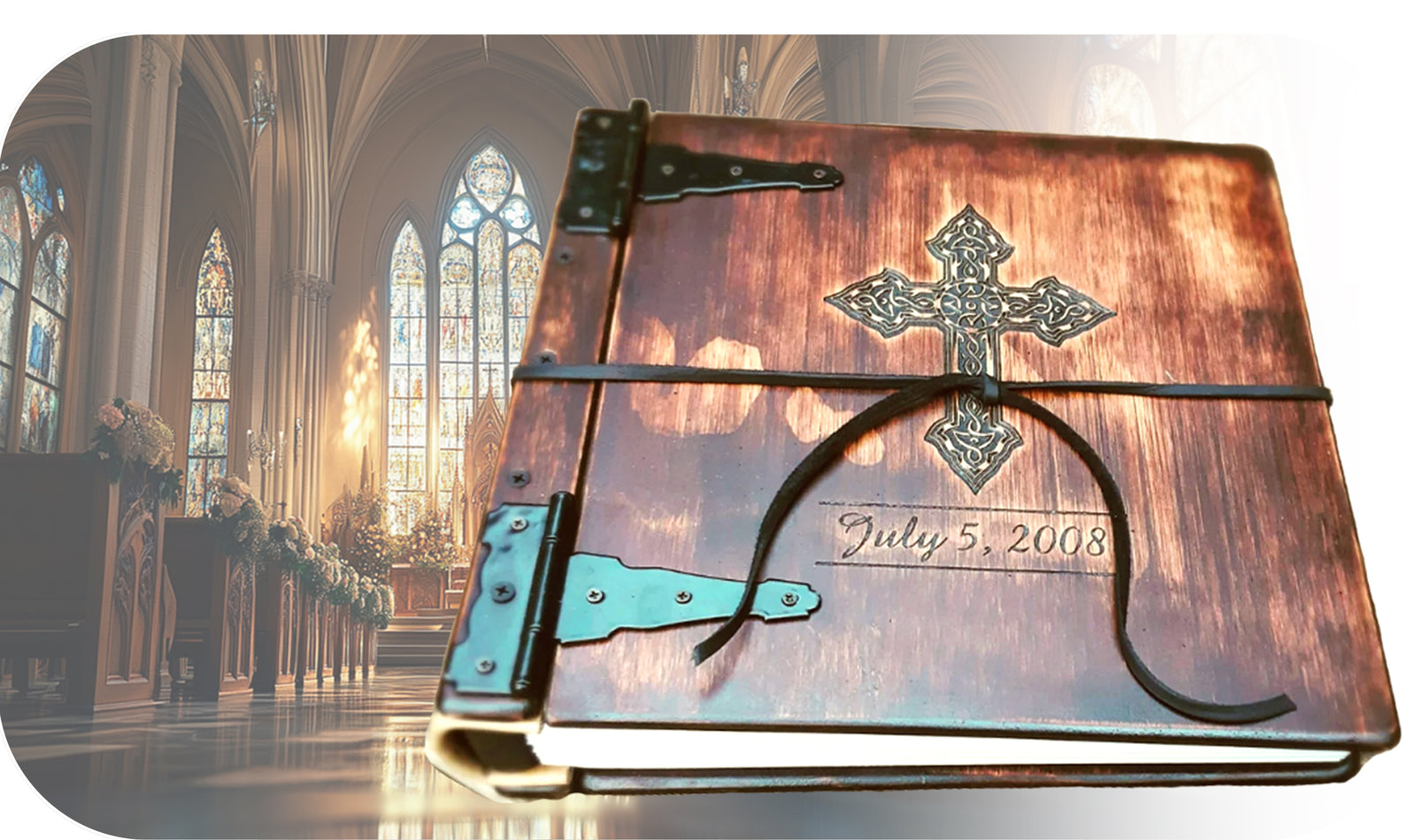Decorative wedding photo album with a cross, dated July 5, 2008, against a beautiful church backdrop.