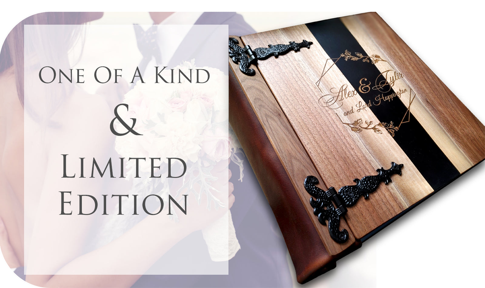Elegant handcrafted wedding album showcasing a unique design, marked as one of a kind and limited edition.