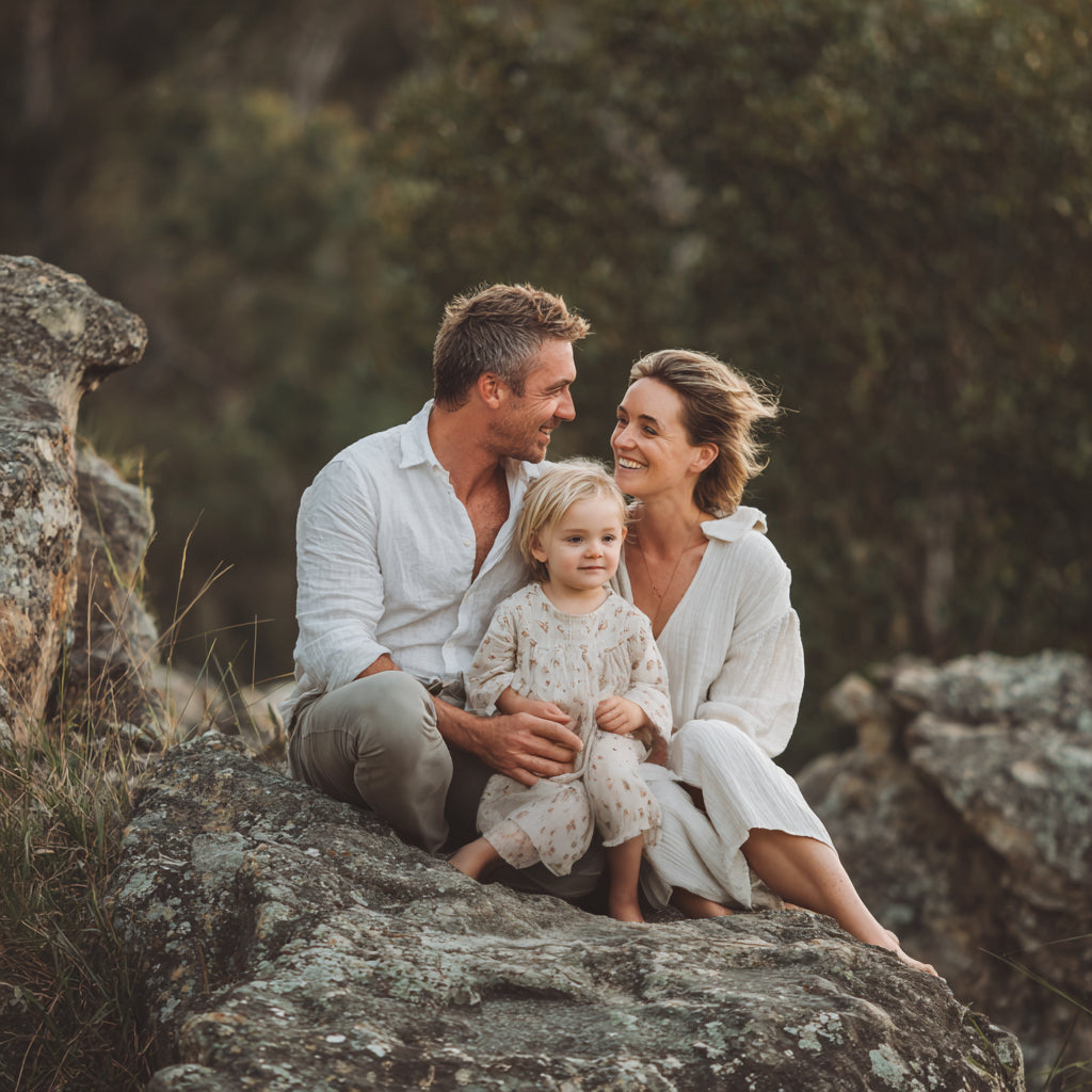 Happy family enjoying nature on rocks, capturing joyful moments and memories together.