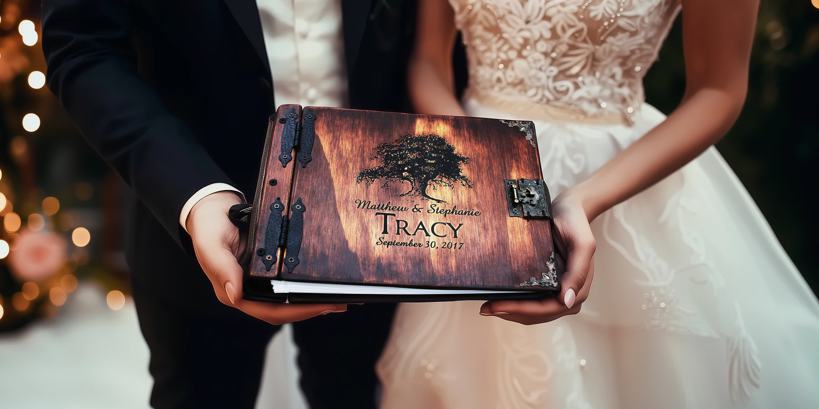 Rustic Engravings wedding guest book, personalized with names, perfect for capturing cherished memories.
