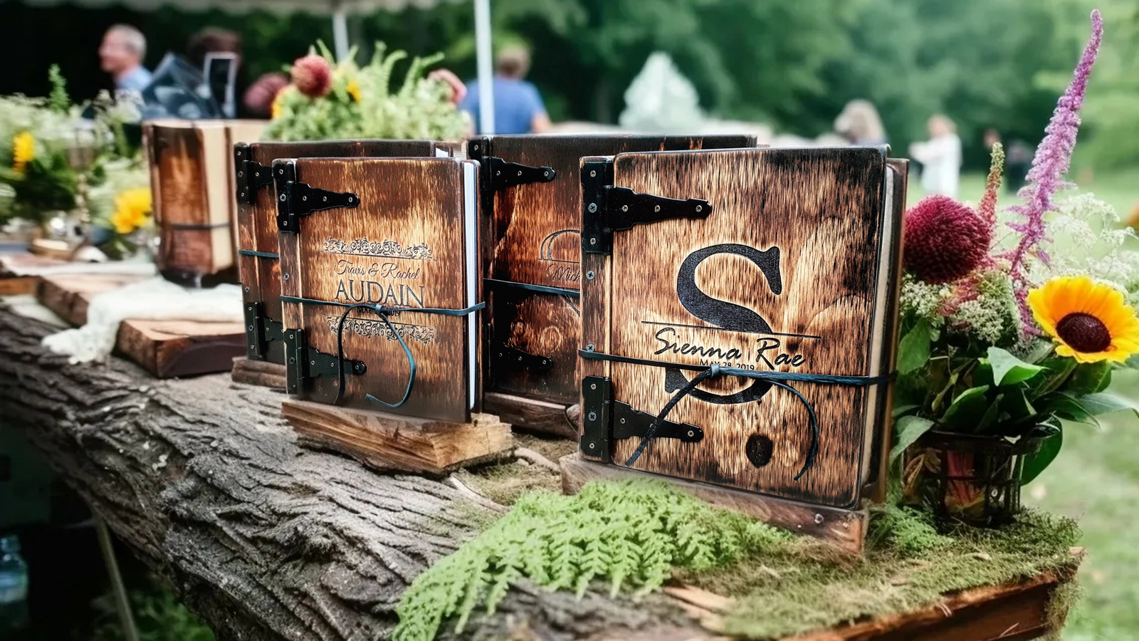 Rustic Engravings wedding guest books on display, perfect for capturing memories in style.