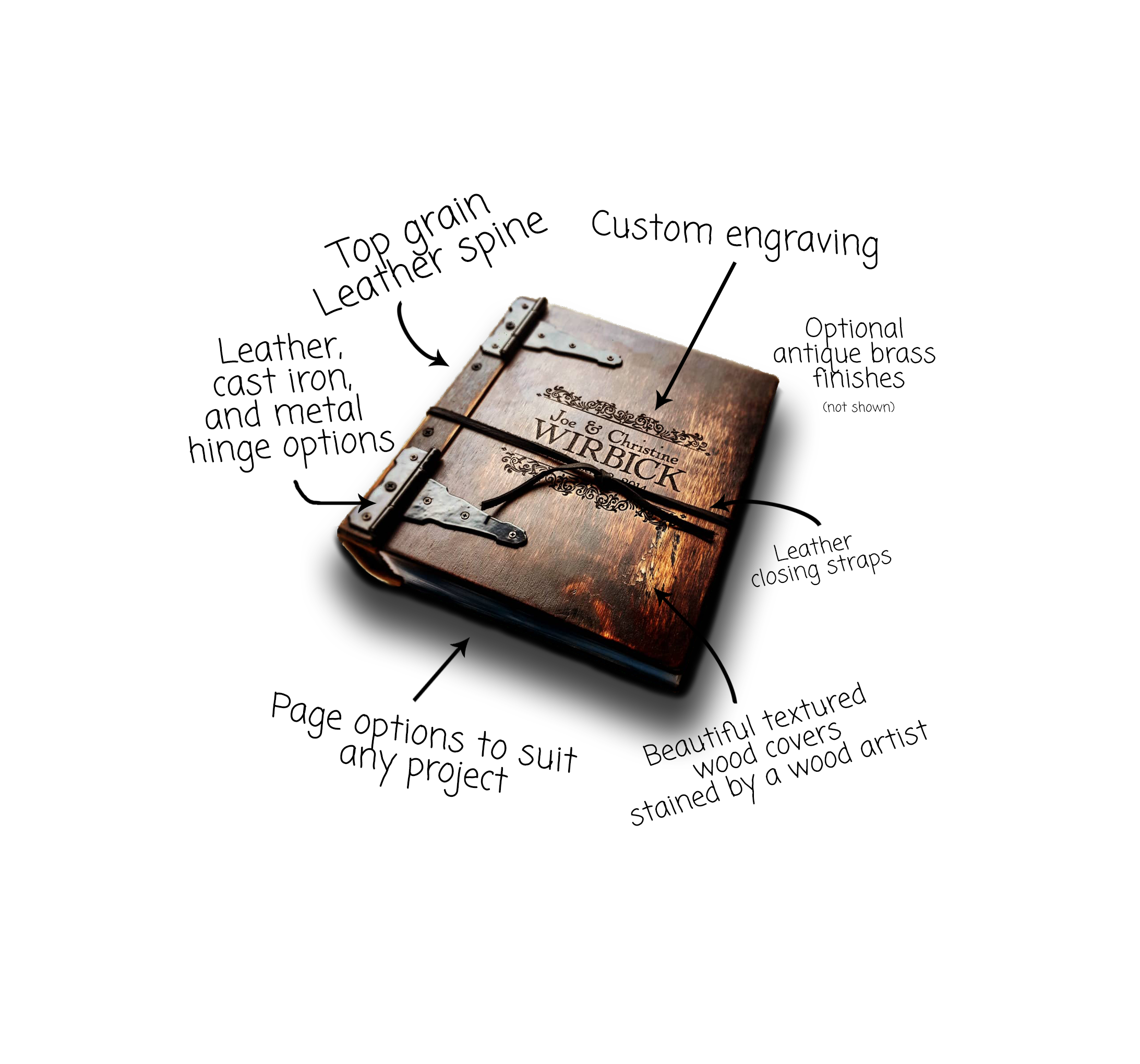 Custom engraved photo album by Rustic Engravings featuring leather spine, antique brass finishes, and design options.