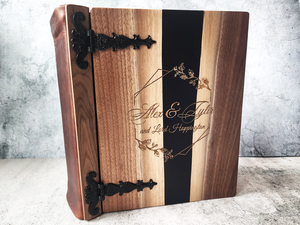  Personalized wedding guest book with river table wood cover by Tylir Wisdom at Rustic Engravings.