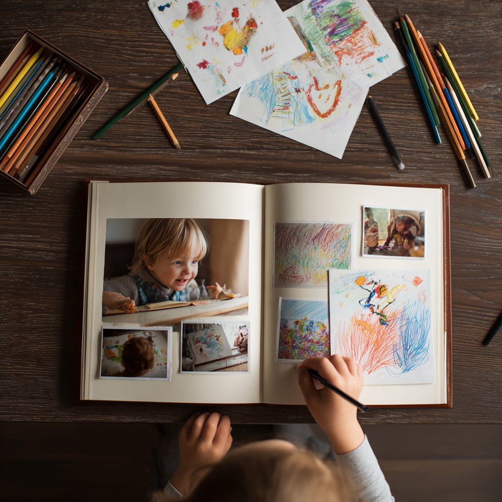 Child enjoying a custom engraved photo album from Rustic Engravings, showcasing creativity and memorable moments.