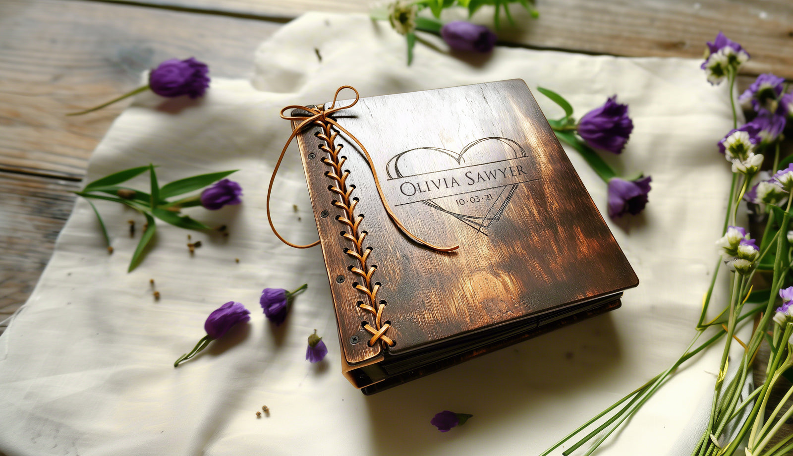 Personalized wooden baby album on a table, perfect for capturing baby memories and milestones.