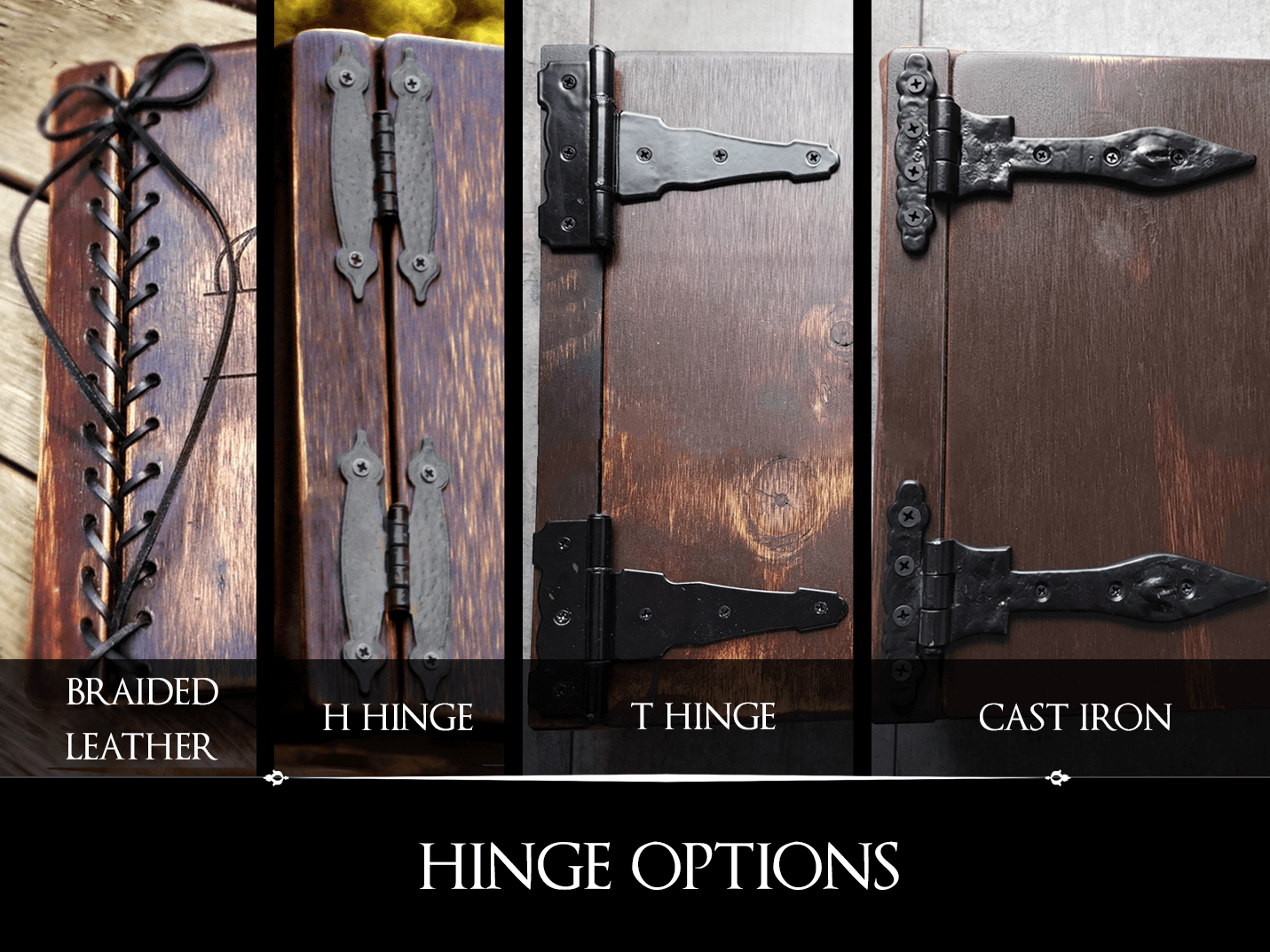 Custom book hinge options | Stunning personalised wooden books from Rustic Engravings, perfect for home decor or gifting.