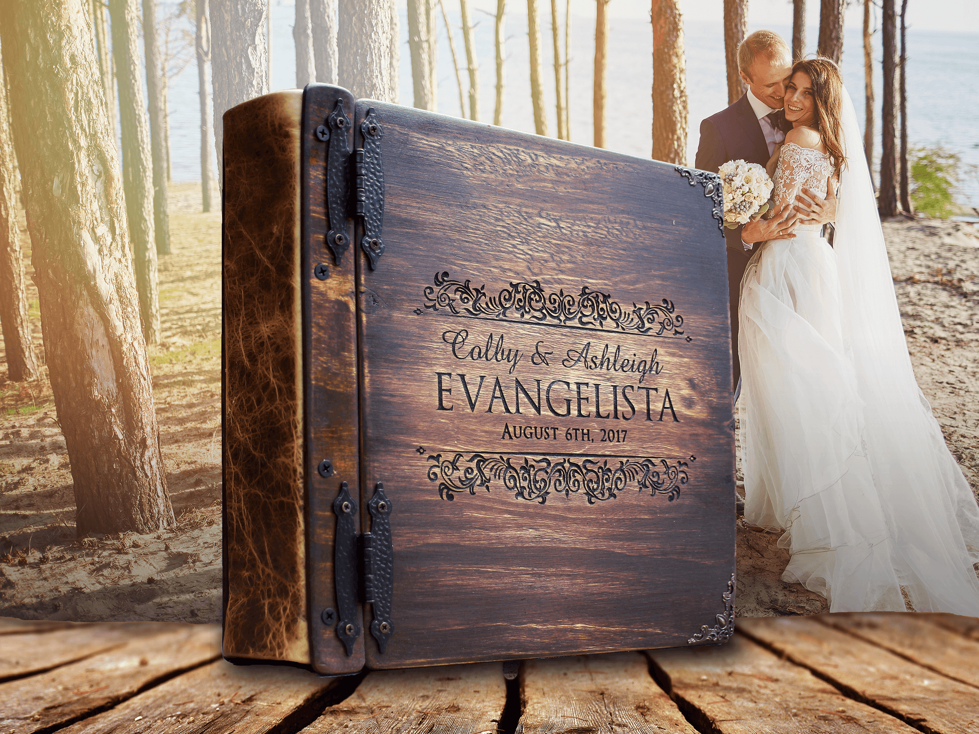 Capture the essence of your love with our custom wedding photo album, engraved by Rustic Engravings and featuring one-of-a-kind artwork by Tylir Wisdom. This exquisite keepsake is perfect for preserving your cherished memories of your special day. Order n