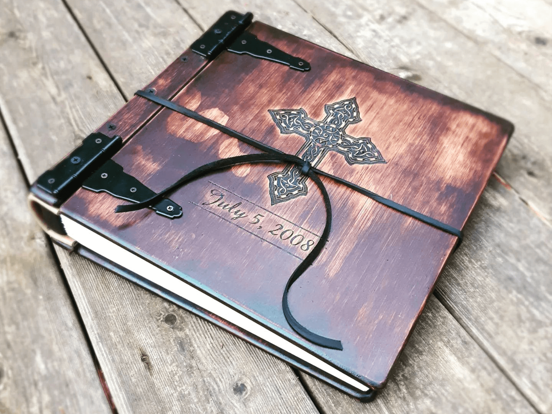 Personalized religious scrapbook expertly handcrafted by Rustic Engravings |Celebrate your faith and commemorate your spiritual journey. This unique keepsake features plenty of space for photos, prayers, and Bible verses and is perfect for preserving your