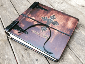 Personalized religious scrapbook expertly handcrafted by Rustic Engravings |Celebrate your faith and commemorate your spiritual journey. This unique keepsake features plenty of space for photos, prayers, and Bible verses and is perfect for preserving your